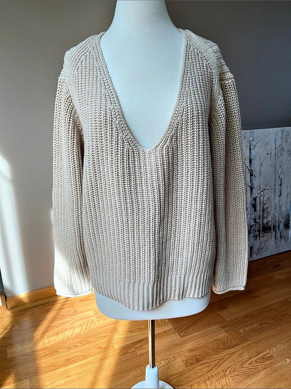 Women’s Universal Thread Ribbed V-Neck Sweater in Oatmeal Size Large NWT